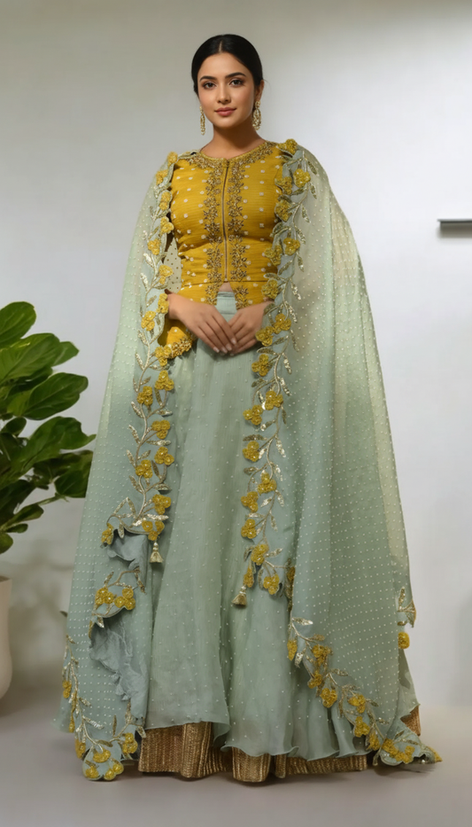 PEPLUM JACKET WITH 3 MOTI ORGANZA LEHENGA