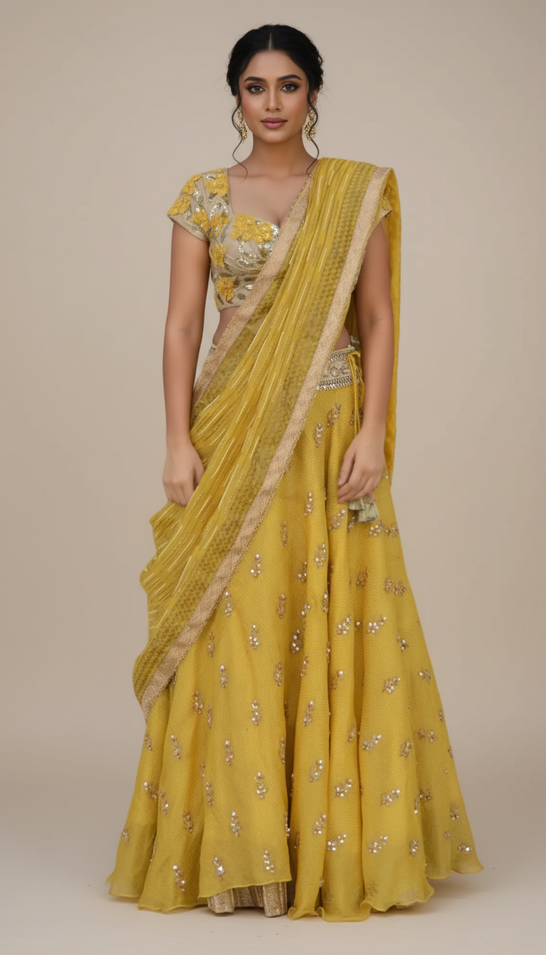 3D FLOWER TUSSAR BLOUSE WITH KUNDAN BOOTI LEHENGA