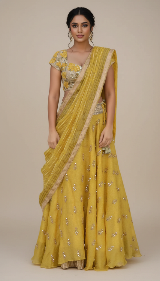 3D FLOWER TUSSAR BLOUSE WITH KUNDAN BOOTI LEHENGA