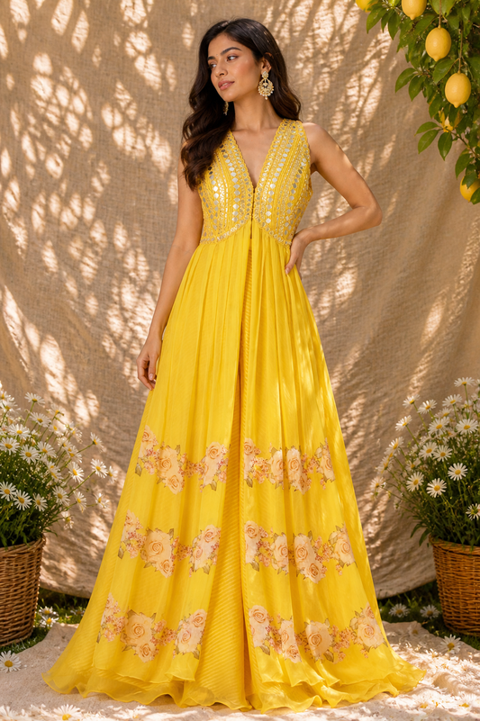 Yellow Raw Silk Embroidered Kurta Set