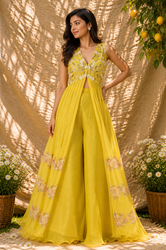 Yellow Chiffon & Raw Silk Kurta Set
