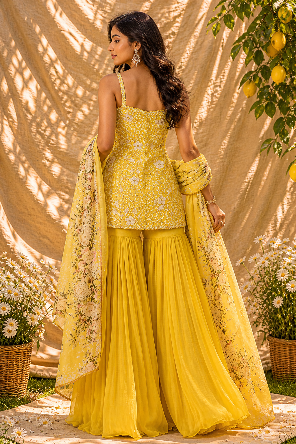 Yellow Raw Silk & Chiffon Gharara Set