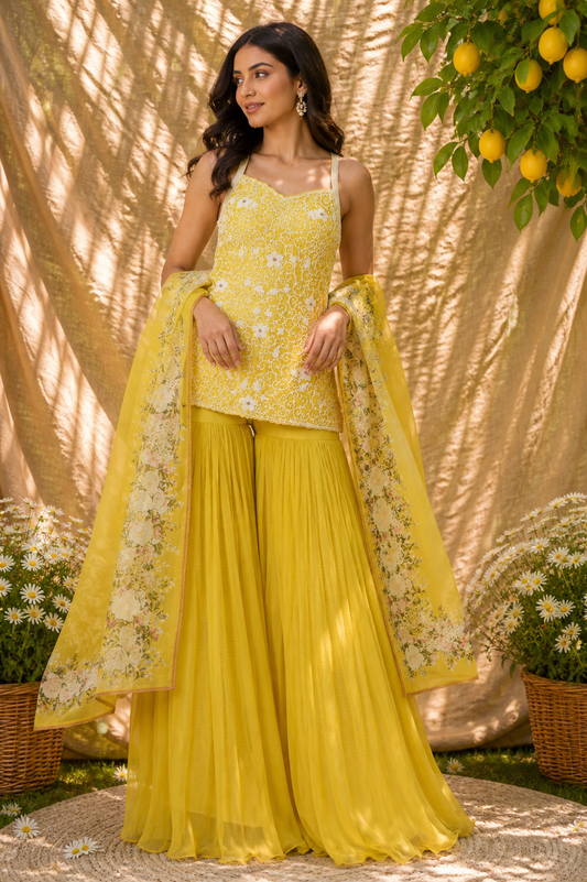Yellow Raw Silk & Chiffon Gharara Set