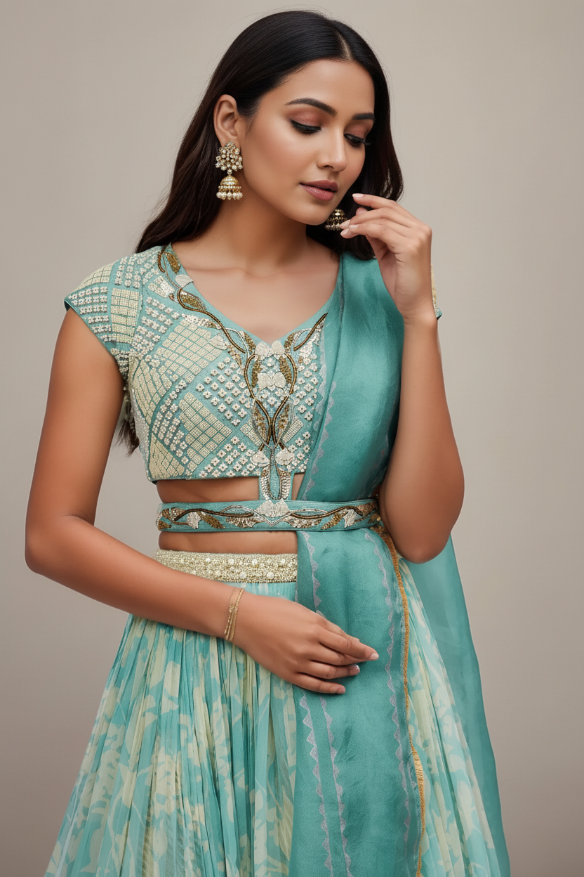 Aqua Green Chiffon Printed Lehenga Set