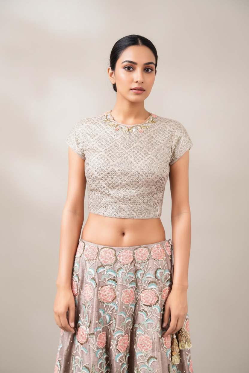 METAL SEQUIN BARFI BLOUSE LEHENGA