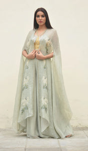 SILVER ZARDOSI BUSTIER WITH MAGNOLIA CHIFFON PLAZZO AND DIGITAL PRINTED MAGNOLIA ORGANZA CAPE