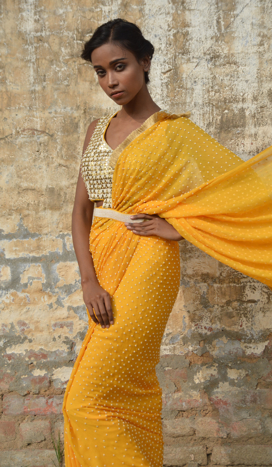 YELLOW PEARL WORK SAREE