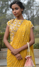 Load image into Gallery viewer, JAIPURI JAAL TUSSER BLOUSE WITH PLAZZOS AND DRAPED DUPTTA
