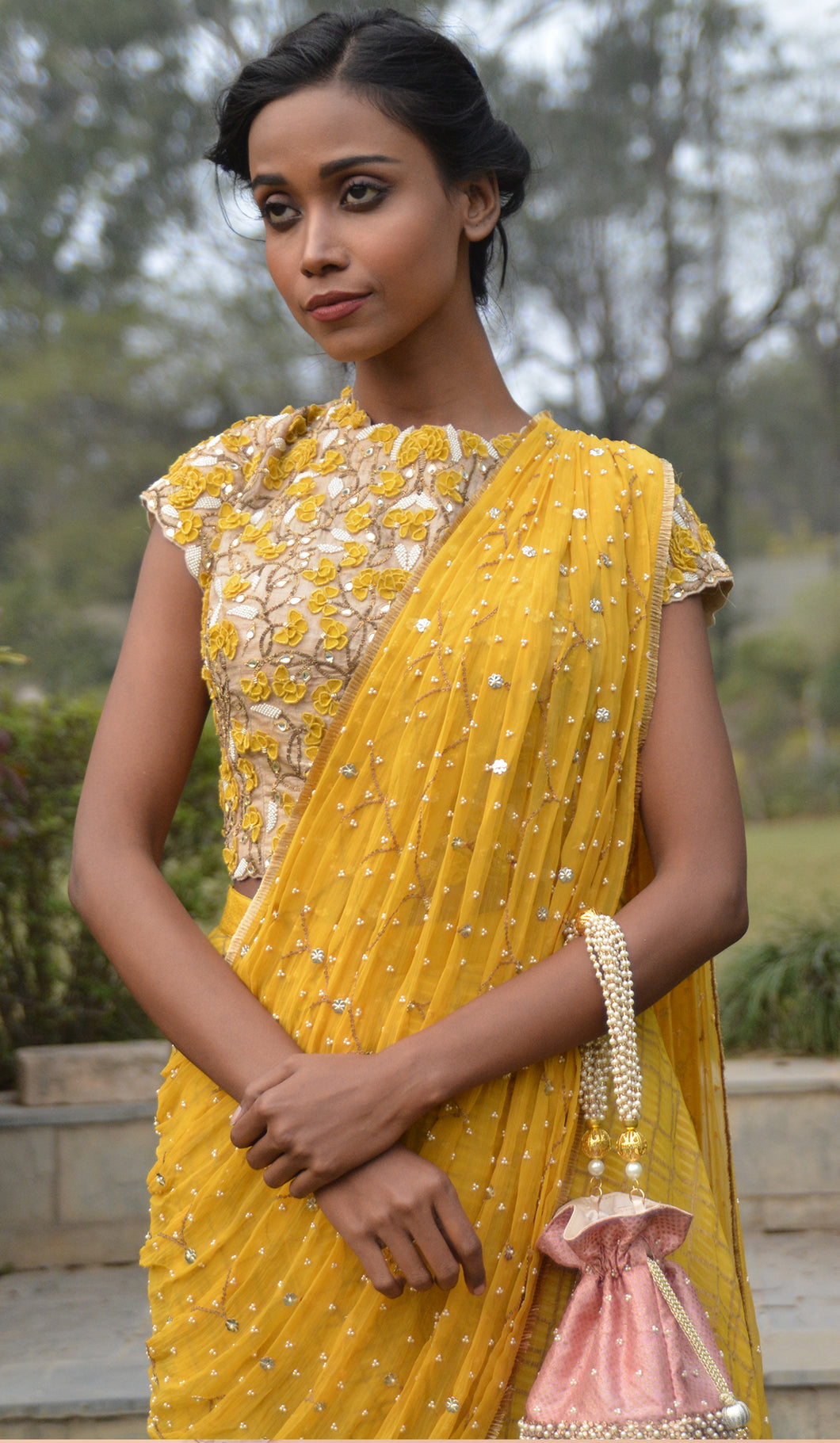 JAIPURI JAAL TUSSER BLOUSE WITH PLAZZOS AND DRAPED DUPTTA