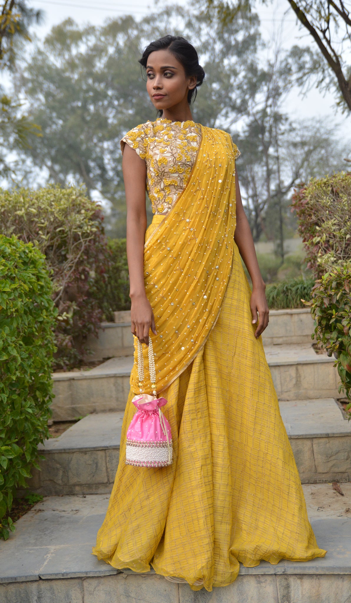 JAIPURI JAAL TUSSER BLOUSE WITH PLAZZOS AND DRAPED DUPTTA