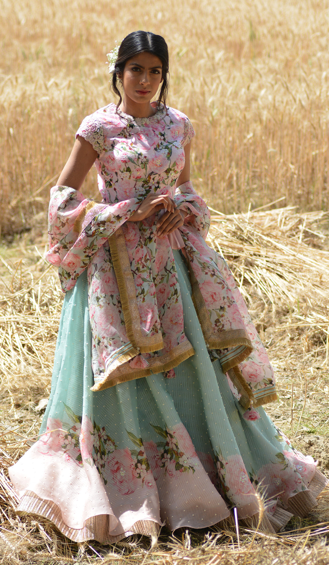 PEONIES ORGANZA LEHENGA
