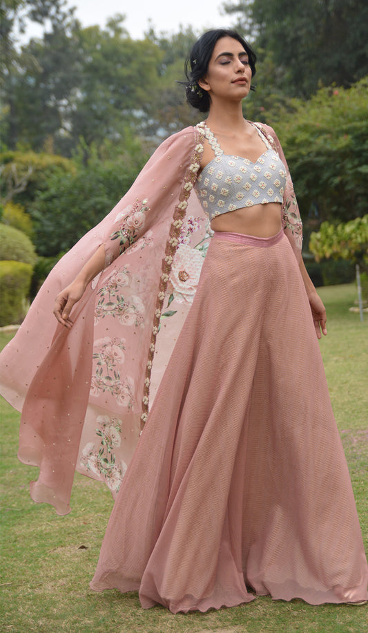 EMBROIDERED BLOUSE & PRINTED CAPE SET