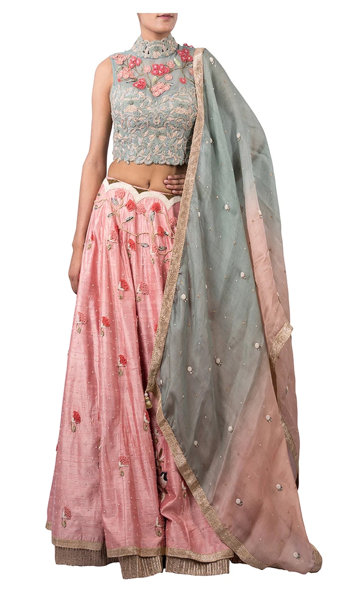DORI WORK HIGH NECK BLOUSE WITH 3D FLOWERS LEHENGA