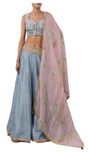 Load image into Gallery viewer, 3D FLOWER INCUT BLOUSE AND 3MOTI CHEETA RAW SILK LEHENGA
