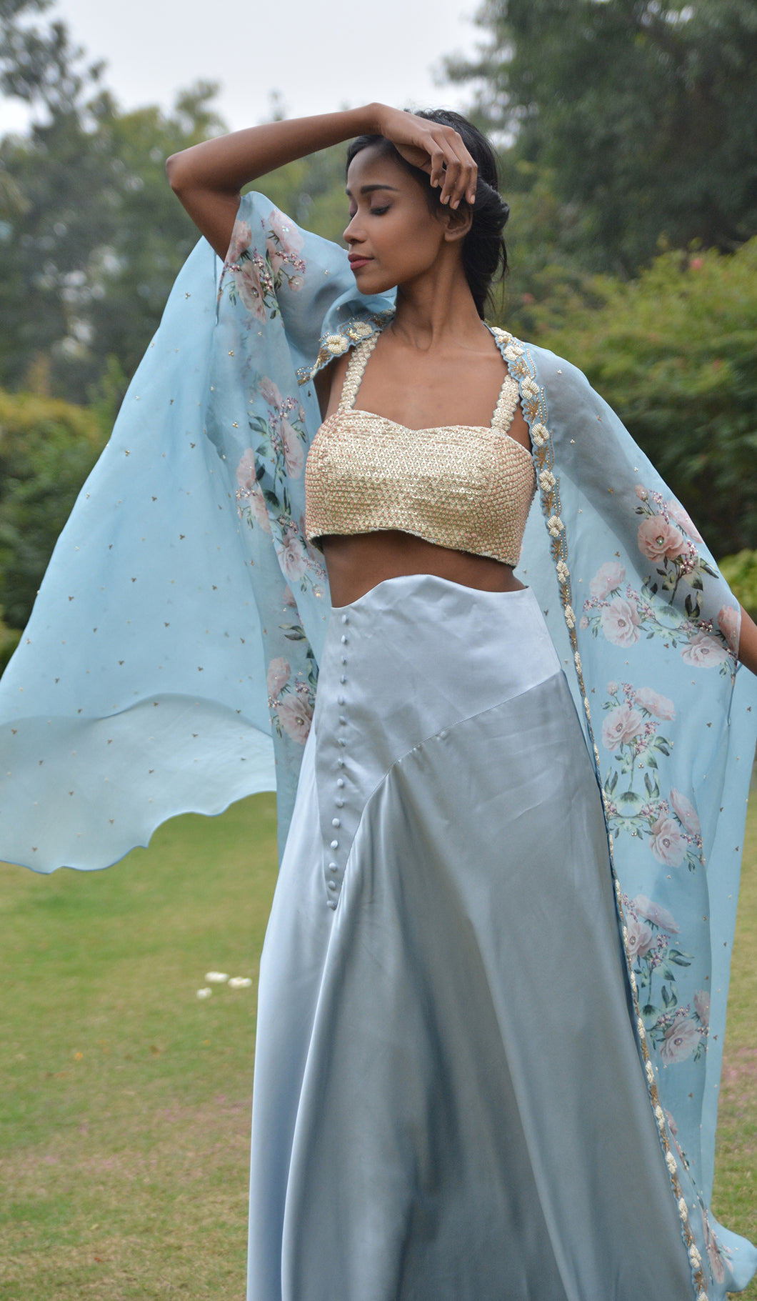 EMBROIDERED BLOUSE & PRINTED CAPE SET