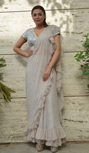 RUFFLED BLOCK PRINTED DRAPED SAREE