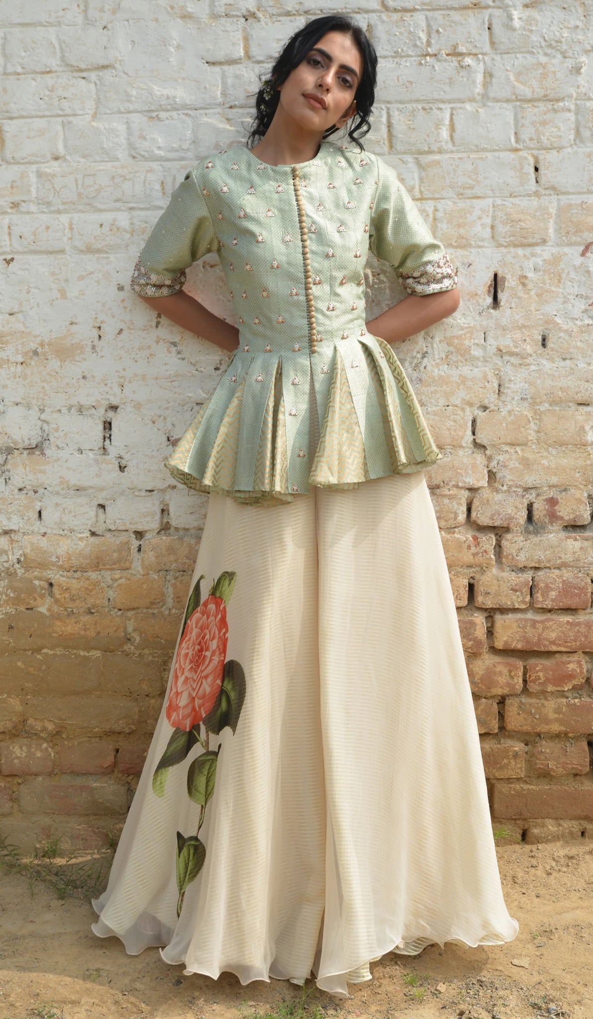 PEPLUM JACKET WITH PRINTED PALAZZOS