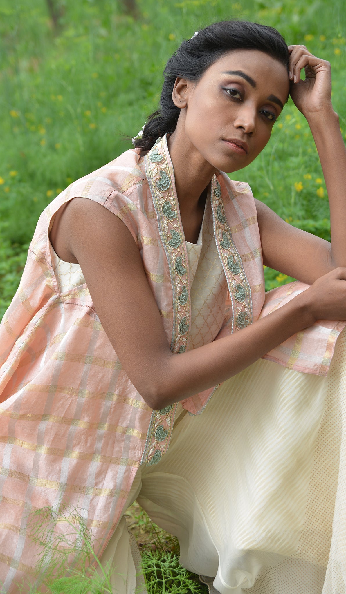 HANDLOOM CHANDERI CROPTOP WITH CHIFFON PLAZZO AND JACKET