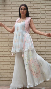 CAMISOLE WITH PRINTED CHIFFON PLAZZO AND PERSIAN DORI FRINGES JACKET