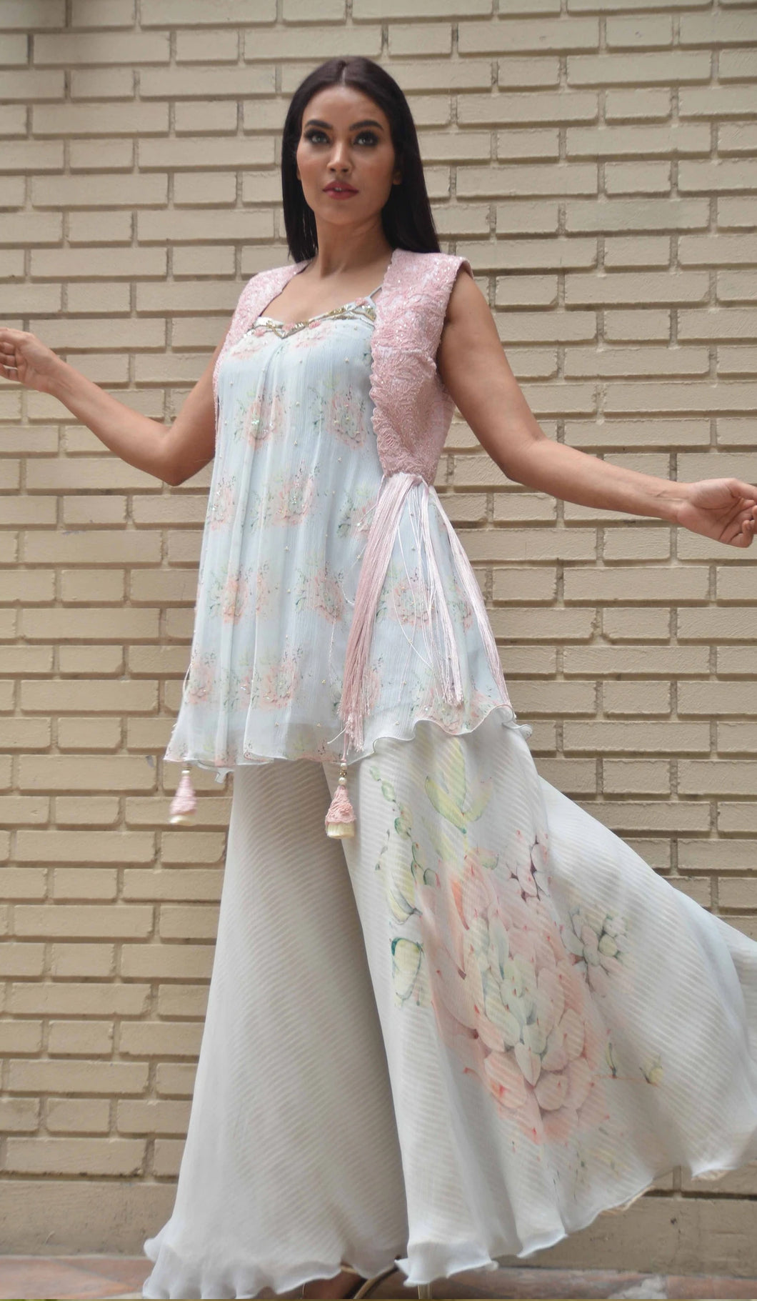 CAMISOLE WITH PRINTED CHIFFON PLAZZO AND PERSIAN DORI FRINGES JACKET