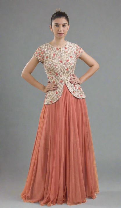 RAW SILK 3D FLOWER  GREY PEPLUM JACKET & SKIRT