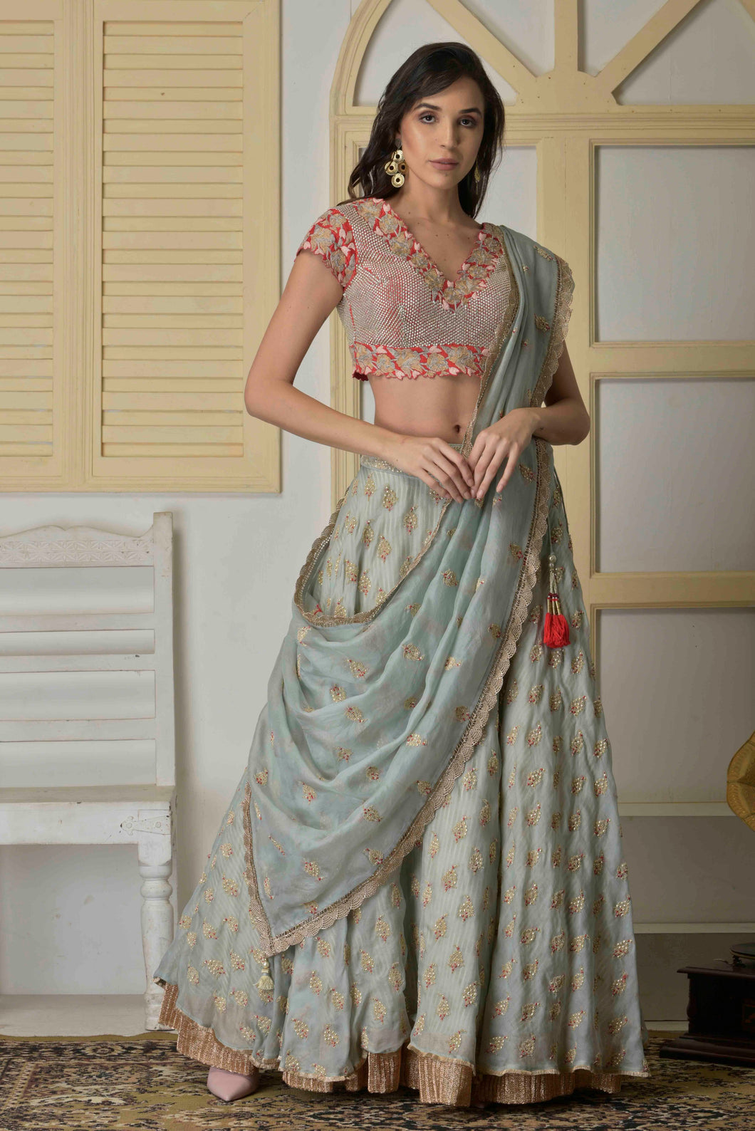 Metal Booti work lehenga with sequin blouse