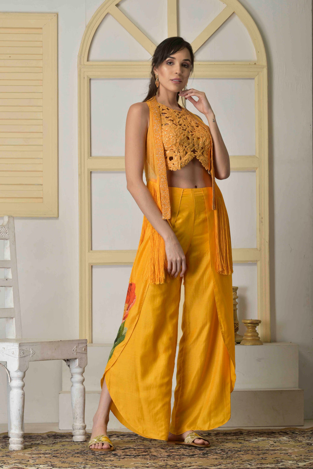 Dori work blouse with cutdana jacket and dhoti pants