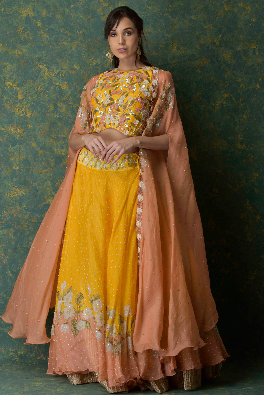 3D Embroidered blouse with moti work lehenga and printed cape