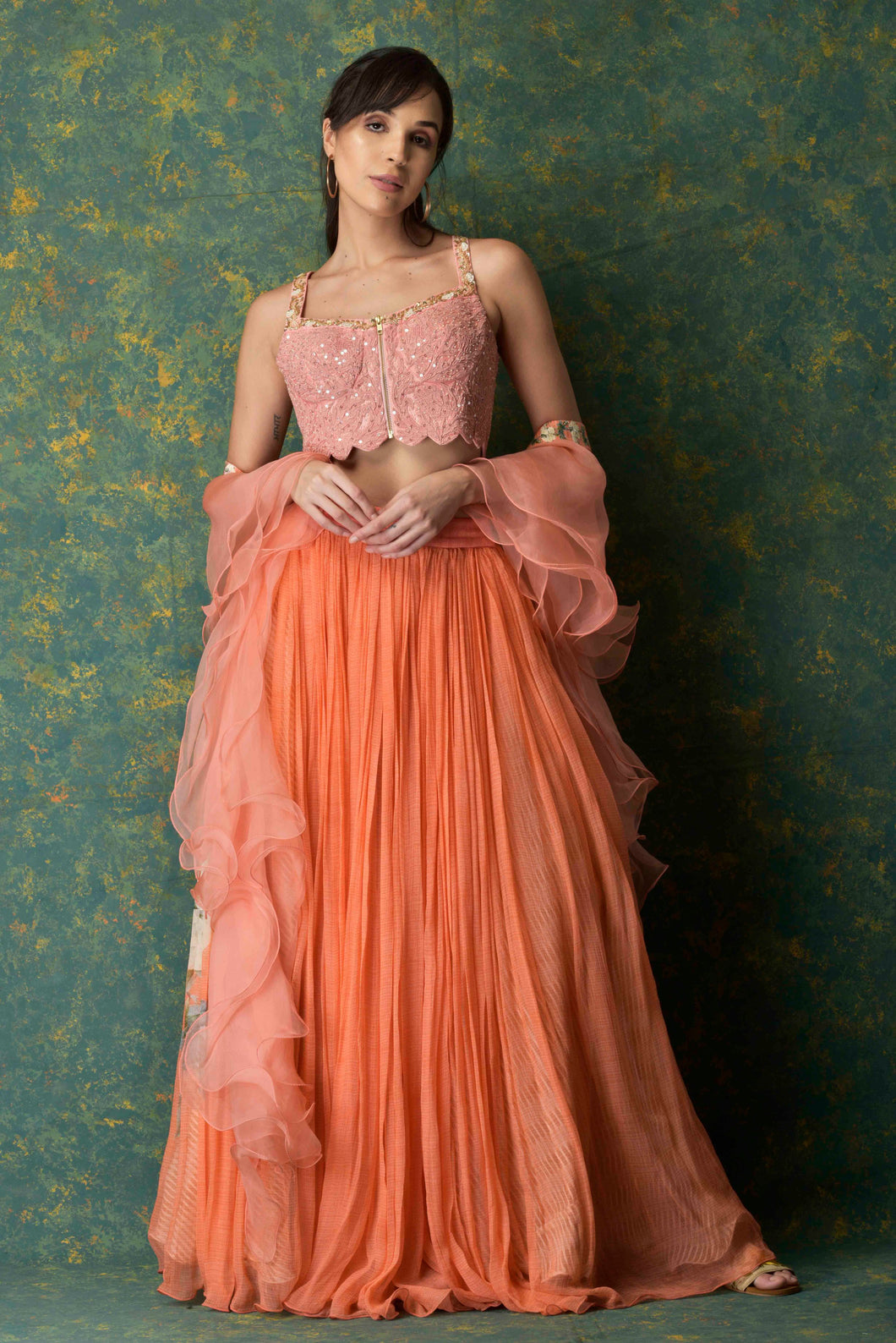 Dori work bustier with printed palazzo and ruffled dupatta