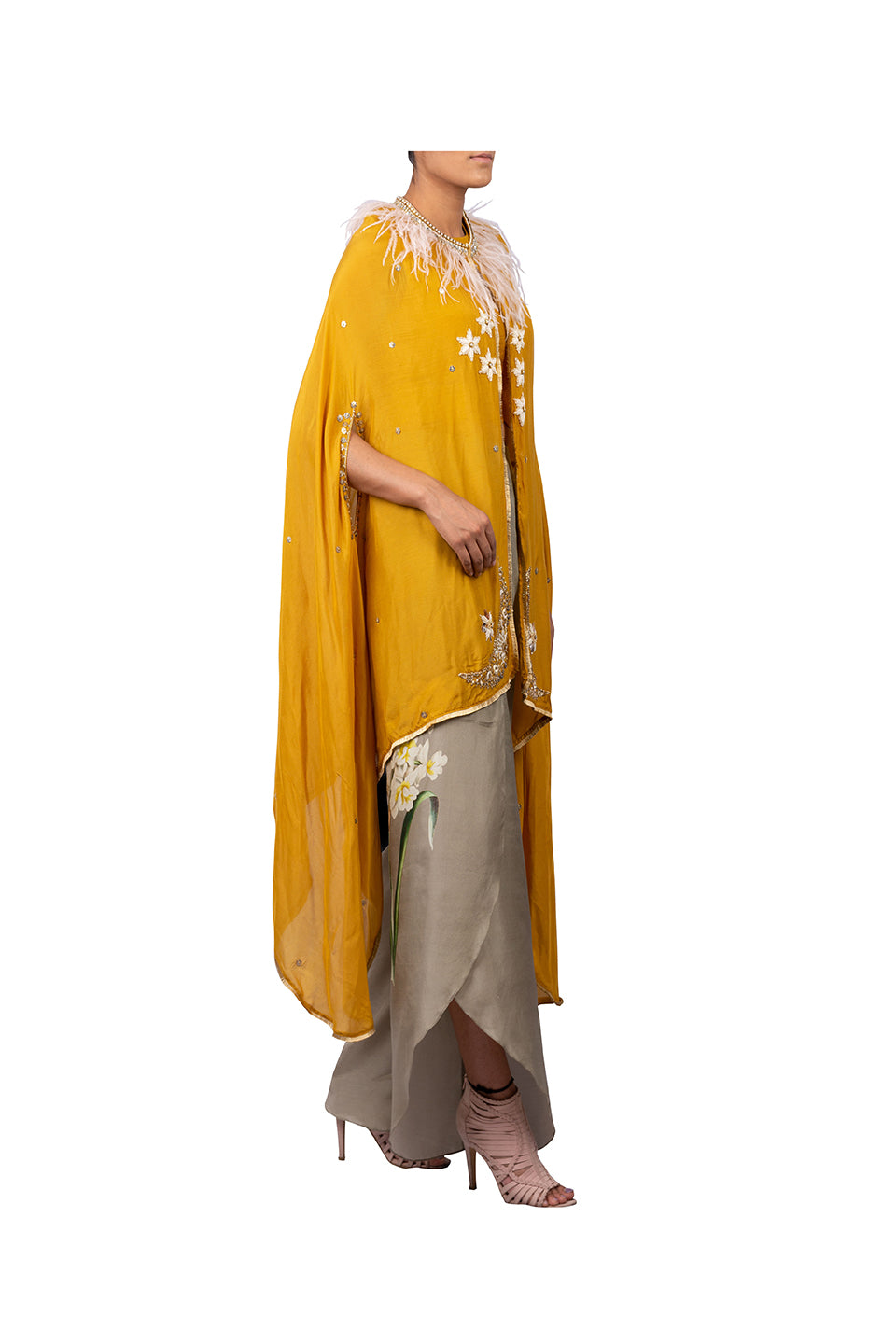 STAR MOON EMBROIDERED CAPE WITH RAW SILK CROPTOP