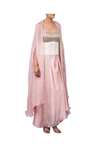 NALKI BUSTIER WITH DRAPED SKIRT WITH ORGANZA ORNAMENTAL EMB CAPE