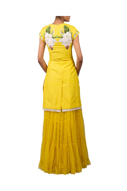 DIGITAL PRINT CHERRY BLOSSOM COTTON SILK KURTI WITH NET SHARARA SKIRT