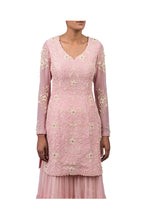 Load image into Gallery viewer, MOTI JAAL SUIT WITH NET SHARARA SKIRT WITH ORGANZA DIGITAL PRINT PEONIES OLIVE GREEN DUPATTA
