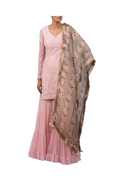 MOTI JAAL SUIT WITH NET SHARARA SKIRT WITH ORGANZA DIGITAL PRINT PEONIES OLIVE GREEN DUPATTA