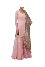 Load image into Gallery viewer, MOTI JAAL SUIT WITH NET SHARARA SKIRT WITH ORGANZA DIGITAL PRINT PEONIES OLIVE GREEN DUPATTA
