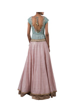 Load image into Gallery viewer, PERSIAN DORI ECO GREEN BLOUSE WITH FRINGES PAIRED WITH 3MOTI PINK RAW SILK LEHENGA
