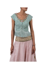 Load image into Gallery viewer, PERSIAN DORI ECO GREEN BLOUSE WITH FRINGES PAIRED WITH 3MOTI PINK RAW SILK LEHENGA
