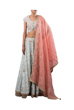 Load image into Gallery viewer, PERSIAN DORI BLOUSE WITH ANCHOR FLOWER SEQ SCALLOP EMB ECO GREEN RAW SILK LEHENGA
