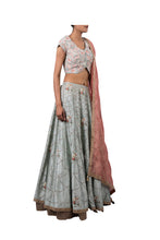 Load image into Gallery viewer, PERSIAN DORI BLOUSE WITH ANCHOR FLOWER SEQ SCALLOP EMB ECO GREEN RAW SILK LEHENGA
