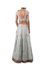 Load image into Gallery viewer, PERSIAN DORI BLOUSE WITH ANCHOR FLOWER SEQ SCALLOP EMB ECO GREEN RAW SILK LEHENGA
