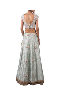 PERSIAN DORI BLOUSE WITH ANCHOR FLOWER SEQ SCALLOP EMB ECO GREEN RAW SILK LEHENGA