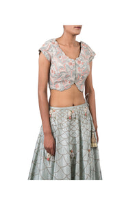 PERSIAN DORI BLOUSE WITH ANCHOR FLOWER SEQ SCALLOP EMB ECO GREEN RAW SILK LEHENGA