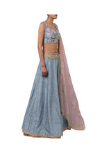 Load image into Gallery viewer, 3D FLOWER INCUT BLOUSE AND 3MOTI CHEETA RAW SILK LEHENGA
