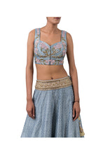 Load image into Gallery viewer, 3D FLOWER INCUT BLOUSE AND 3MOTI CHEETA RAW SILK LEHENGA
