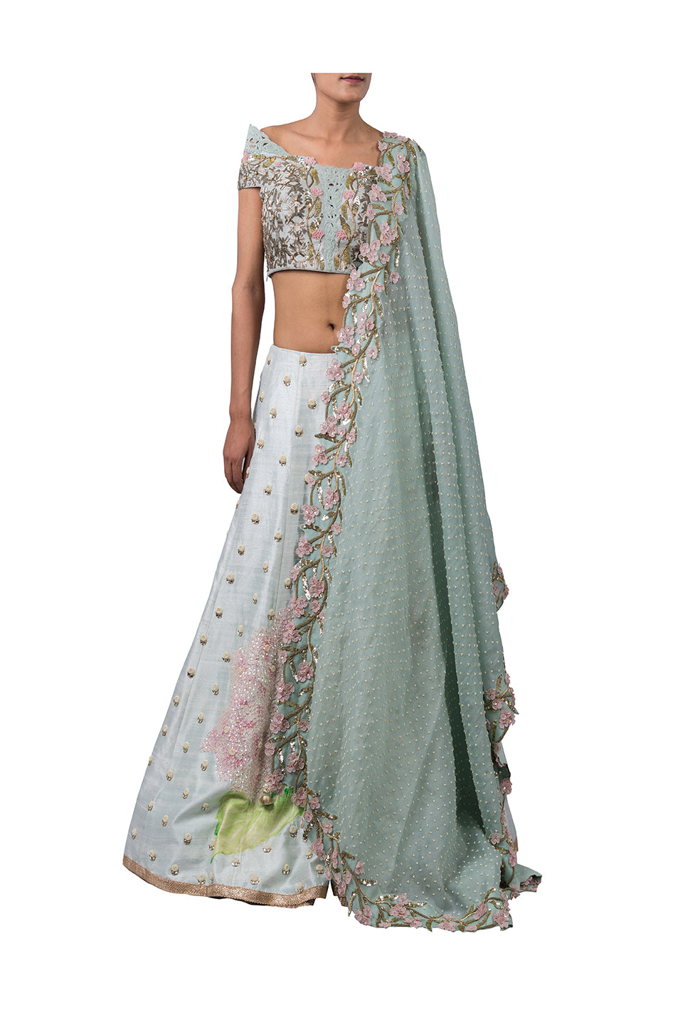 GEOMETRIC NALKI DOUBLE OFF SHOULDER BLOUSE AND HYDRANGEA LEHENGA