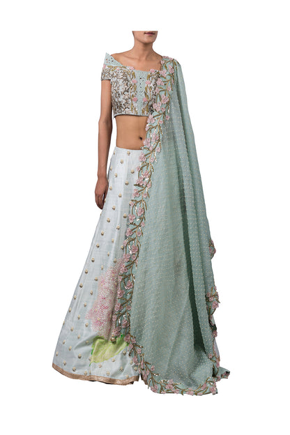 GEOMETRIC NALKI DOUBLE OFF SHOULDER BLOUSE AND HYDRANGEA LEHENGA