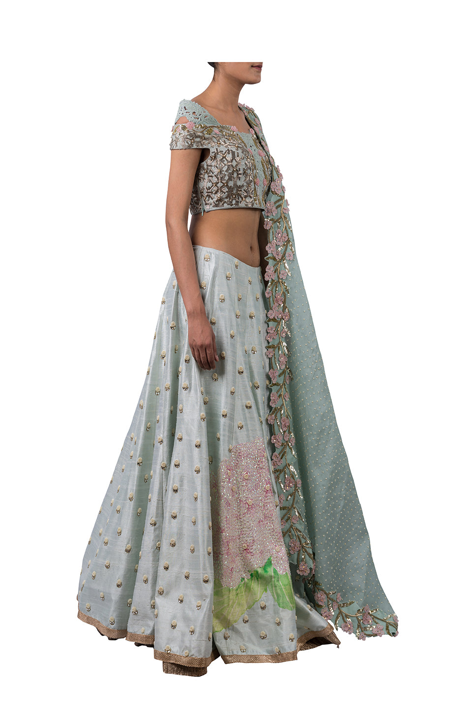GEOMETRIC NALKI DOUBLE OFF SHOULDER BLOUSE AND HYDRANGEA LEHENGA