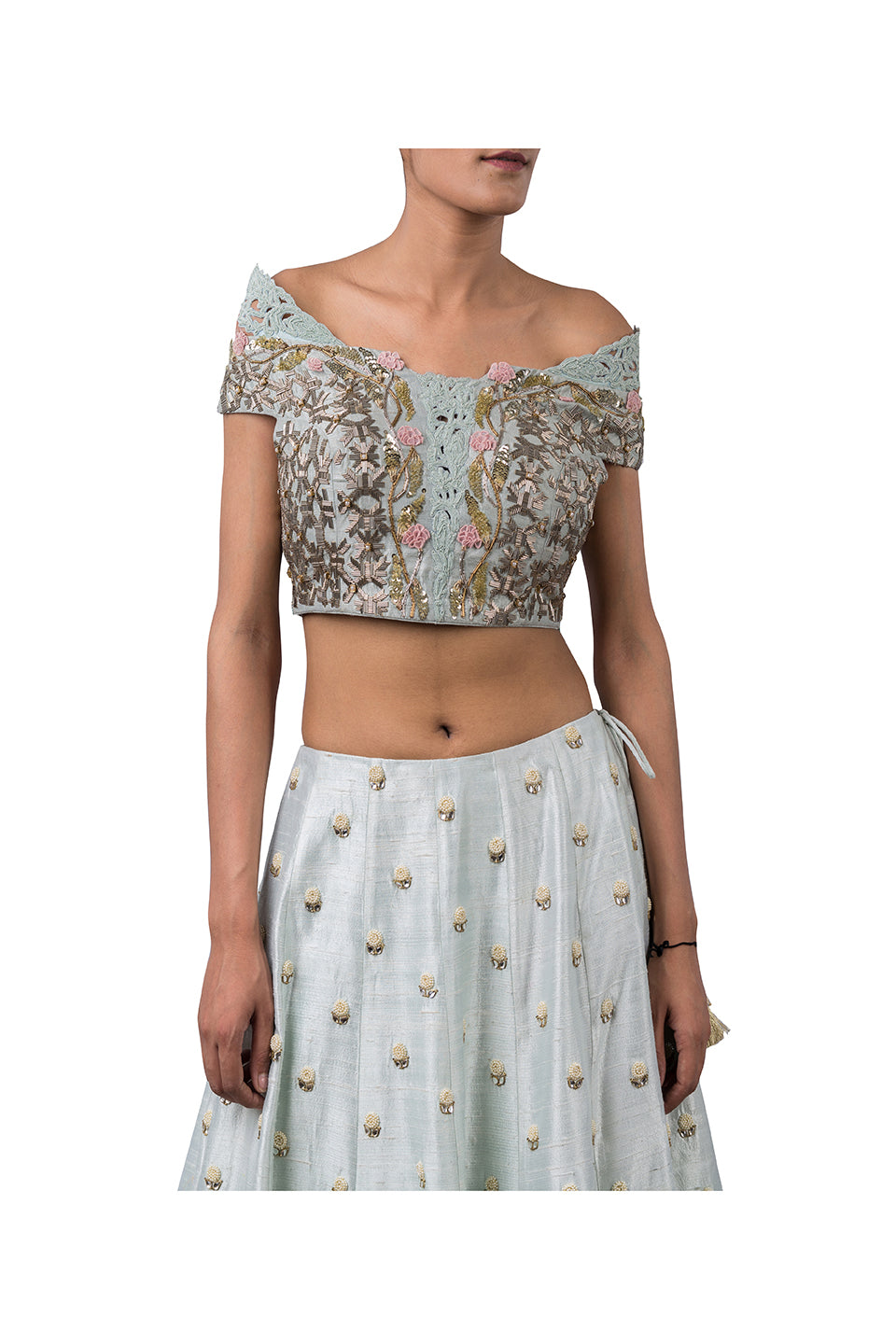GEOMETRIC NALKI DOUBLE OFF SHOULDER BLOUSE AND HYDRANGEA LEHENGA