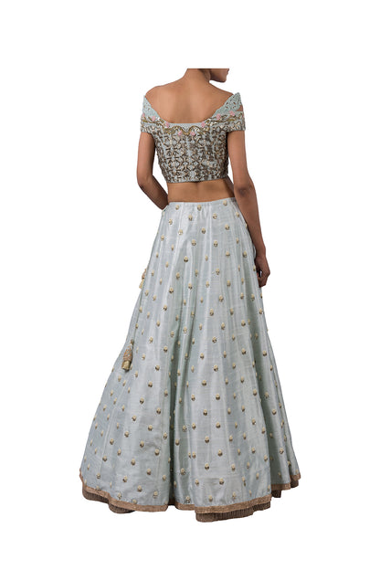GEOMETRIC NALKI DOUBLE OFF SHOULDER BLOUSE AND HYDRANGEA LEHENGA