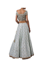 Load image into Gallery viewer, GEOMETRIC NALKI DOUBLE OFF SHOULDER BLOUSE AND 1 PRINTED HILIGHTED HYDRINGIA LEHENGA
